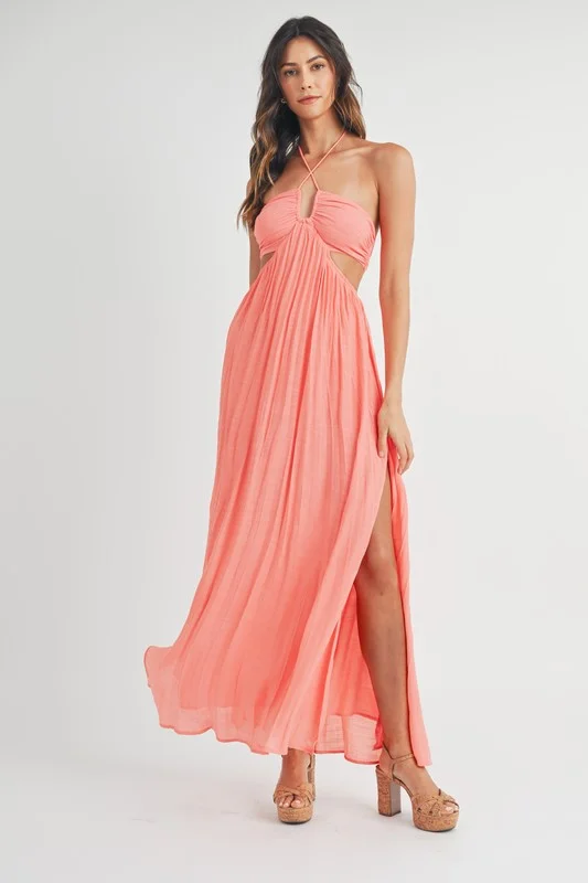 floral A-line sleeveless maxi dress-Coral Halter Maxi Dress