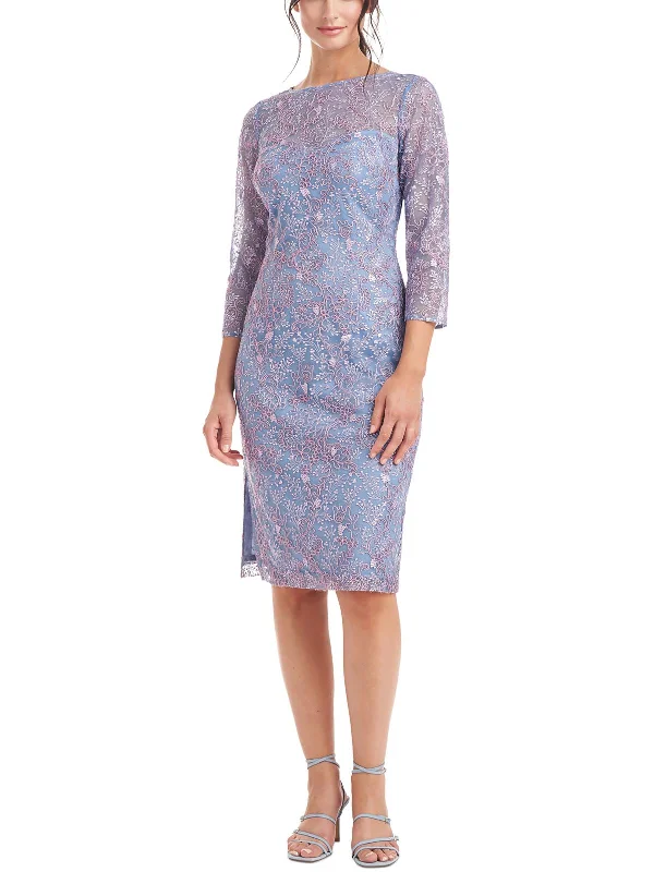 cocktail dress with high-low hem-Plus Womens Embroidered Knee-Length Cocktail and Party Dress