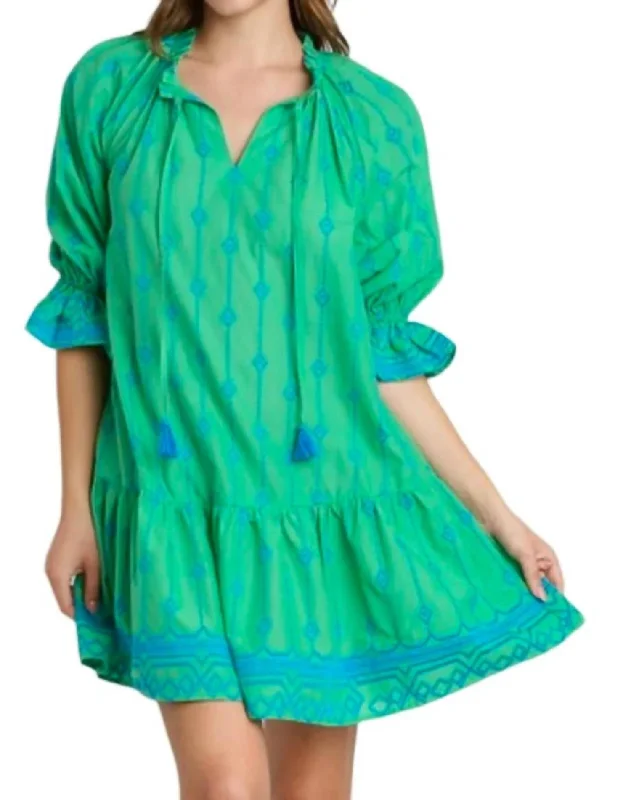 Ruched Tight Mini Dress -Embroidery Mini Dress In Green/blue