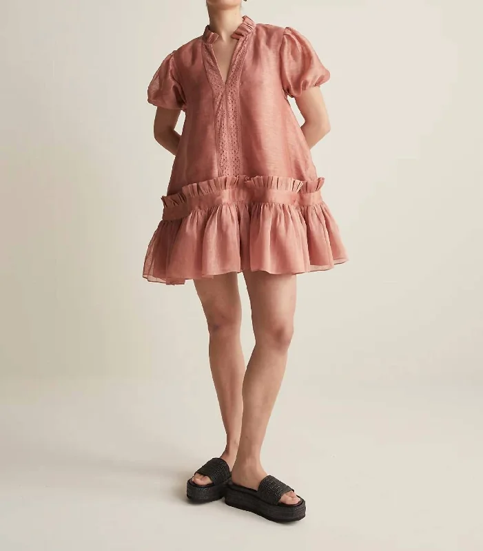 Casual Mini Dress with a Modern Twist -Marcel Silk Linen Mini Smock Dress In Rose