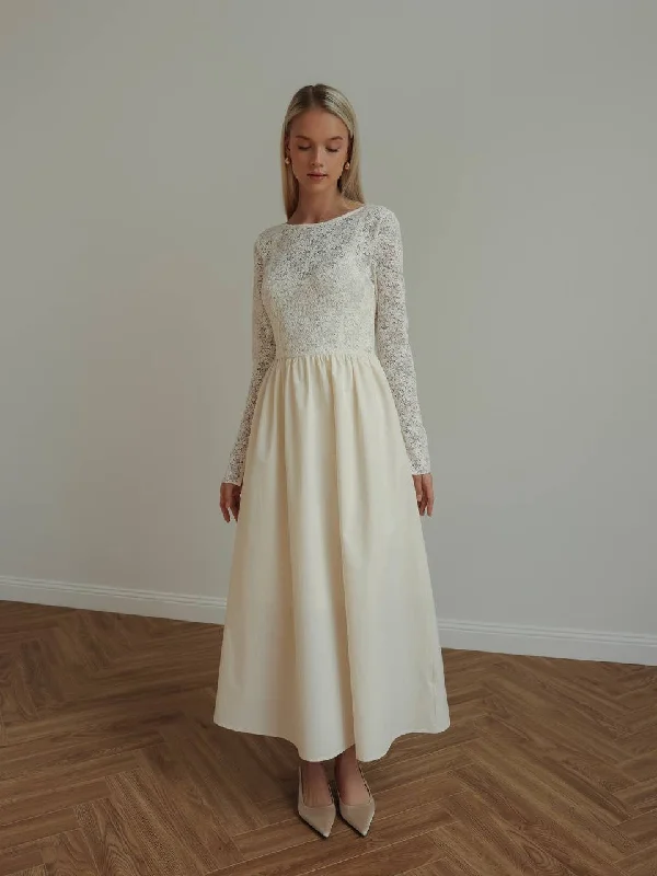 floral gathered waist maxi dress-Long-Sleeve Lace Bodice Maxi Dress