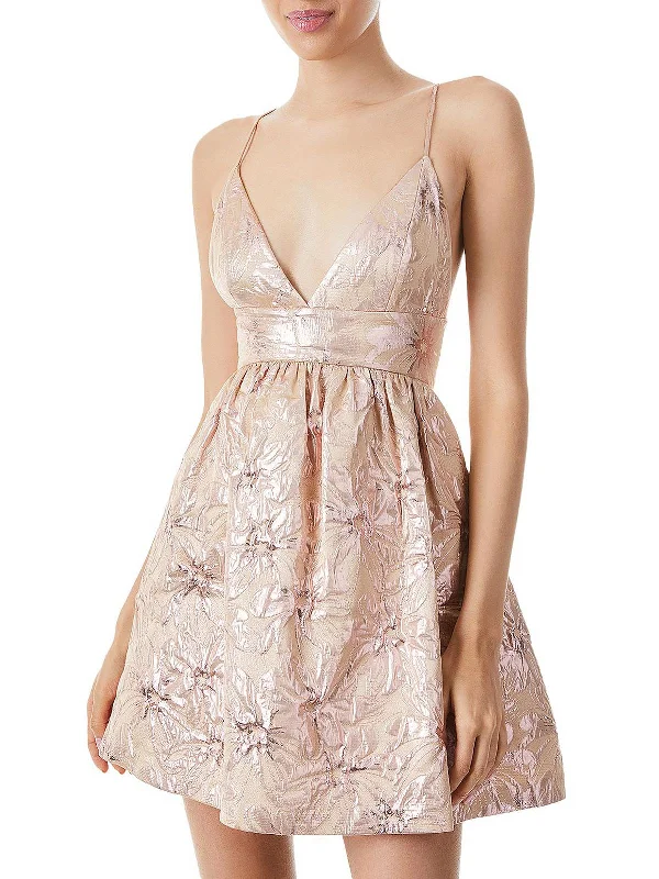 cocktail dress with floral print-Womens Metallic Above Knee Cocktail and Party Dress