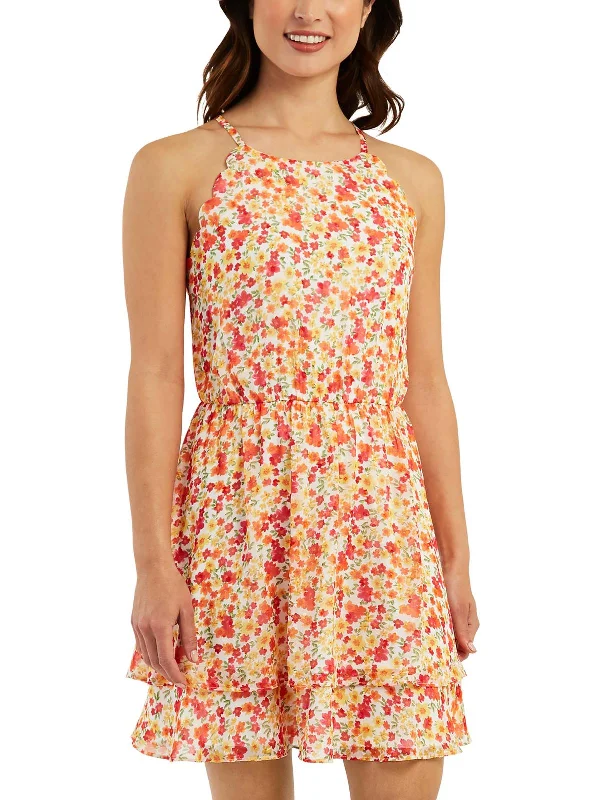 Mini Dress with Unique Neckline -Juniors Womens Chiffon A-Line Fit & Flare Dress