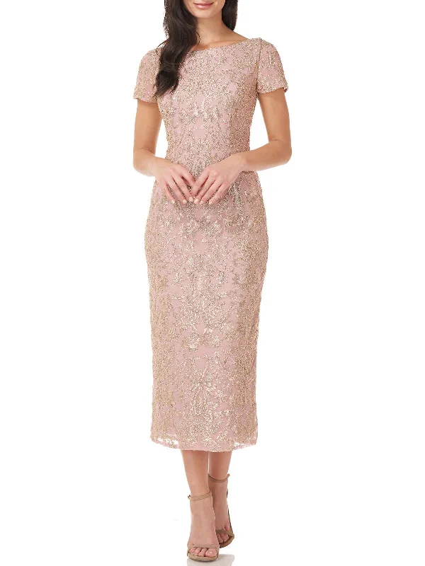 cocktail dress with high-low silhouette-Womens Metallic Embroidered Cocktail and Party Dress