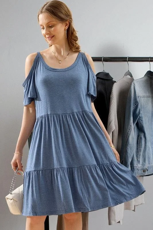 casual jersey midi dress-SHORT SLEEVE CUT OUT SHOULDER MIDI DRESS