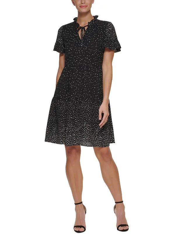 Chic Little Mini Dress -Petites Womens Tie-Neck Mini Shift Dress