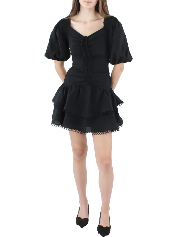 One Shoulder Mini Dress -Womens Cinched Puff sleeve Mini Dress