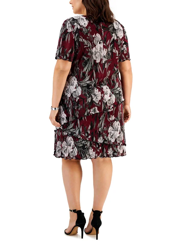 halter neck cocktail dress-Plus Womens Floral Knee Cocktail and Party Dress