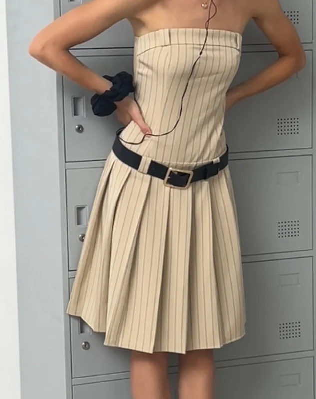 asymmetrical hem midi dress-Aldari Bandeau Midi Dress in Tailoring Tan Pinstripe