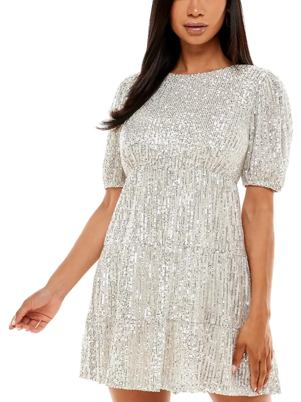 cocktail dress with peasant sleeves-Juniors Womens Sequined Tiered Cocktail and Party Dress