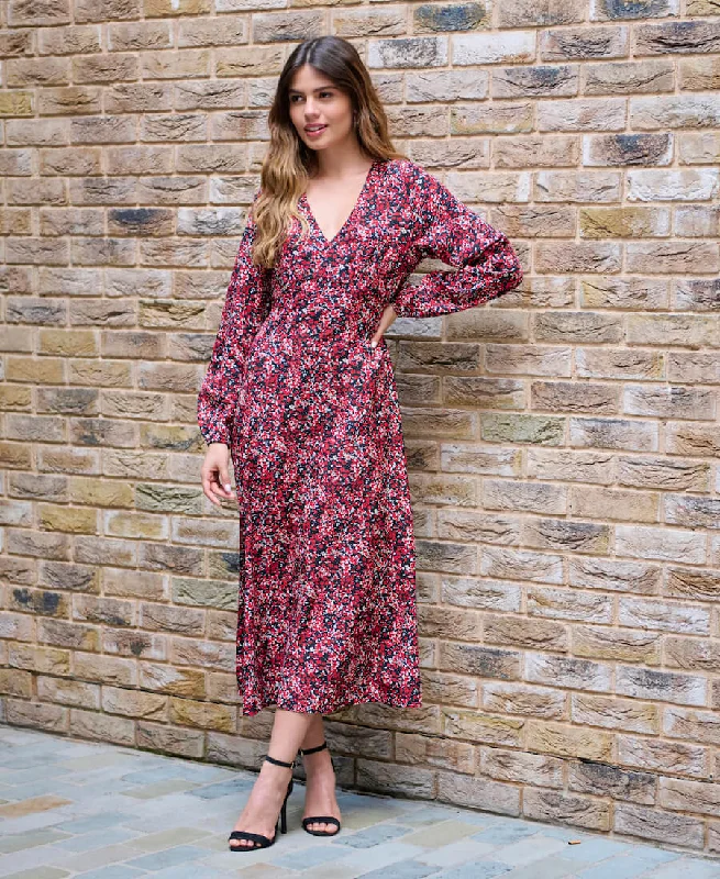 high-waist casual midi dress-Red Floral Printed Long Sleeve Midi Dress