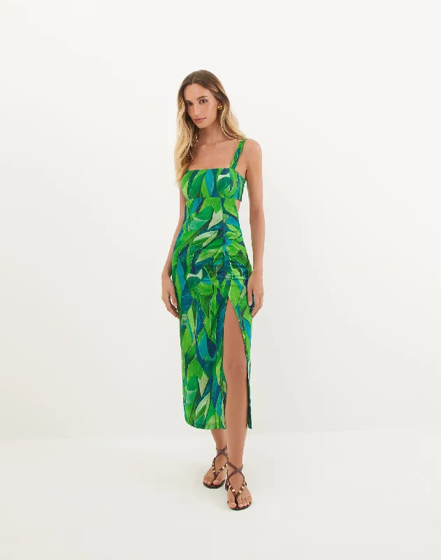 off-shoulder casual midi dress-Mira Midi Dress - Tropics