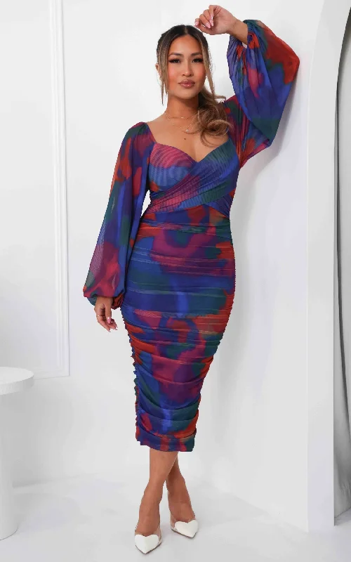 floral puff sleeve midi dress-Calissa Mesh Midi Dress - Rainbow Abstract Print