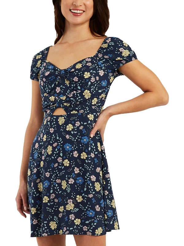 Deep V Neck Mini Dress -Juniors Womens Floral Print Cutout Fit & Flare Dress