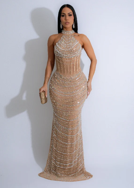 romantic lace maxi dress-Cosmic Symphony Rhinestones Mesh Maxi Dress Nude