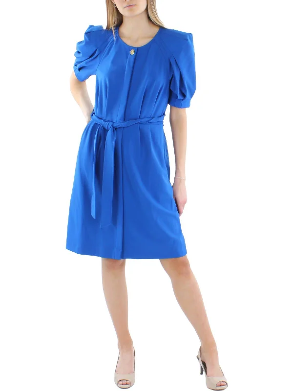 Elegant High Neck Mini Dress -Womens Knit Puff Sleeves Fit & Flare Dress