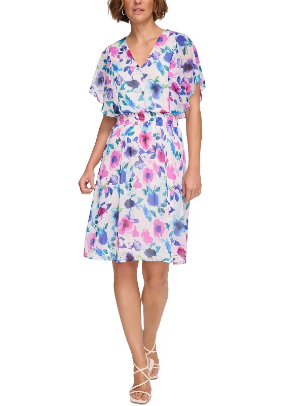 Mini Dress with Ruffle Hem -Womens Smocked Waist Floral Fit & Flare Dress