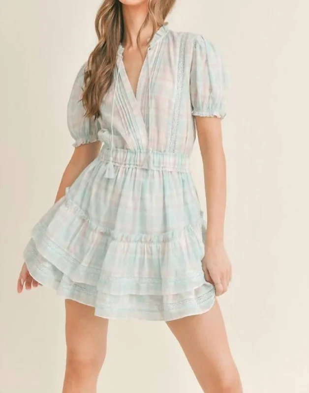 Mini Dress with Soft Fabric -Arrie Plaid Ruffle Mini Dress In Aqua