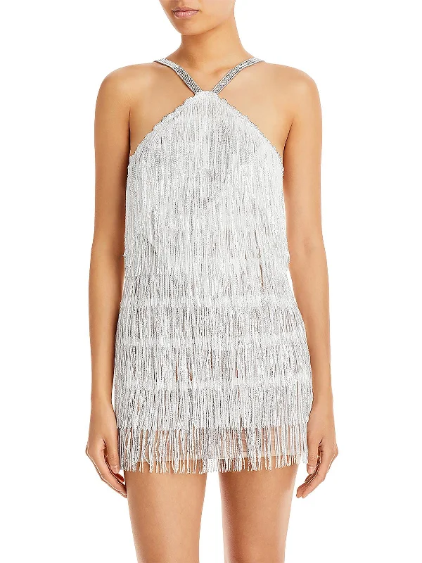 cocktail dress with pockets-Womens Sequin Fringe Cocktail and Party Dress