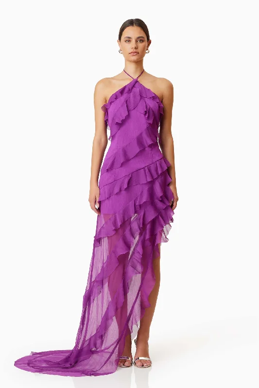 bohemian smocked maxi dress-Mia Halterneck Maxi Gown - Purple