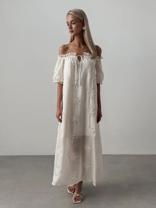 floral tiered smocked maxi dress-Off-the-Shoulder Embroidered Maxi Dress