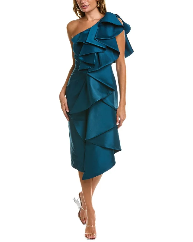 cocktail dress with cap sleeves-Badgley Mischka Ruffled One-Shoulder Cocktail Dress