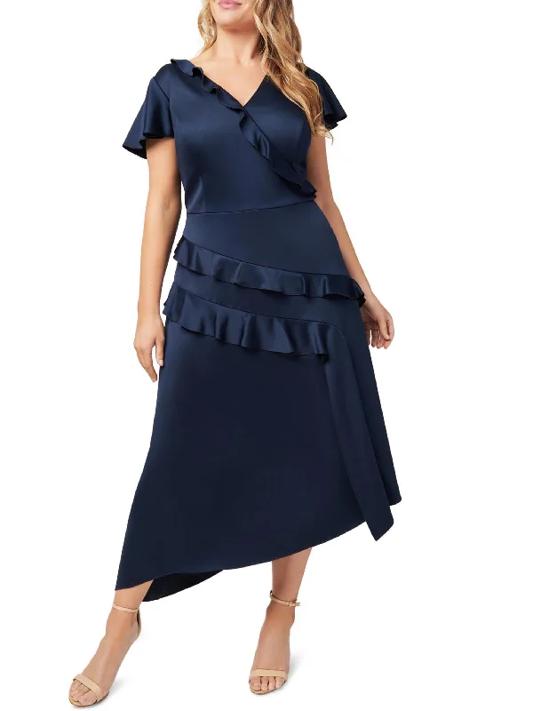 cocktail dress with feather accents-Plus Womens Satin Ruffled Cocktail and Party Dress