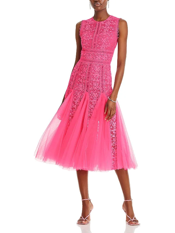 cocktail dress with high-low silhouette-Megan Womens Lace Ladder Stitch Cocktail And Party Dress