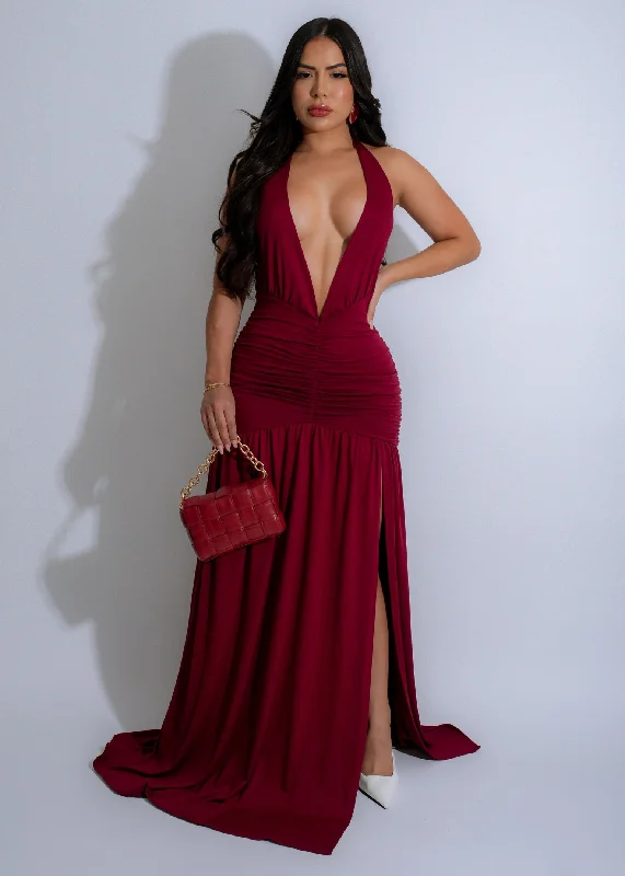 sleeveless V-neck maxi dress-Nocturnal Flow Ruched Maxi Dress Burgundy