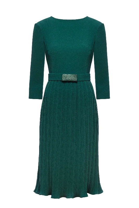 cocktail dress with sheer sleeves-LUDWIGIA GREEN PLEATED COCKTAIL DRESS WITH THE BELT