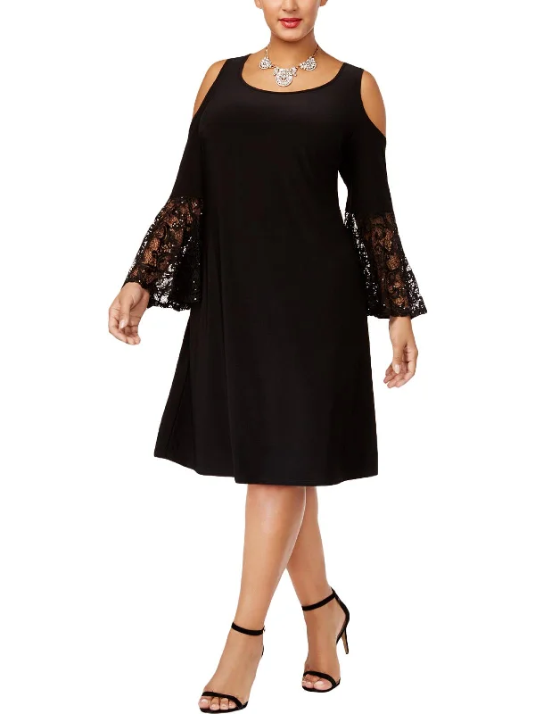 cocktail dress with puff sleeves-Plus Womens Cold Shoulder Lace Party Dress