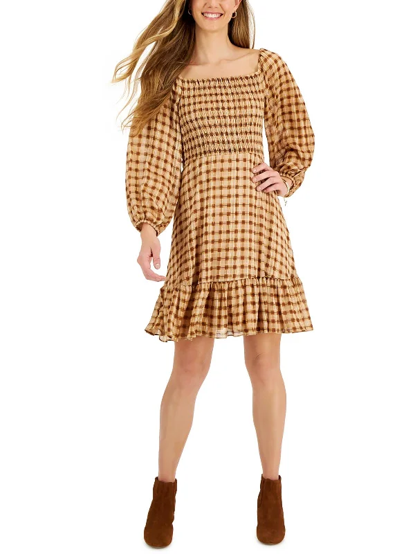 Cute and Playful Mini Dress -Petites Womens Plaid Smocked Fit & Flare Dress