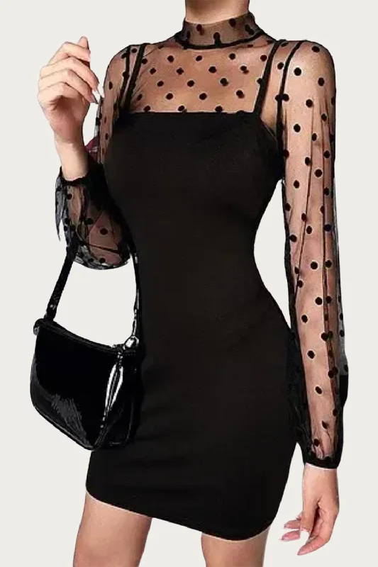 Shiny Metallic Mini Dress -Polka Dot Mesh Sleeve Mini Dress In Black