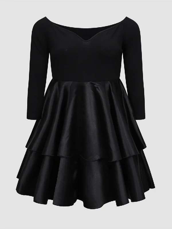 deep V-neck cocktail dress-Tiered Black Plus Size Party Dress