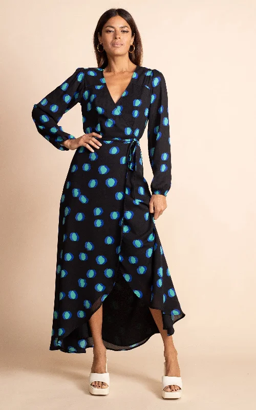 floral peasant style maxi dress-Jagger Maxi Dress in Polka Dot Blue on Black