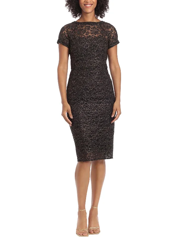 cocktail dress with sweetheart neckline-Womens Lace Metallic Cocktail and Party Dress