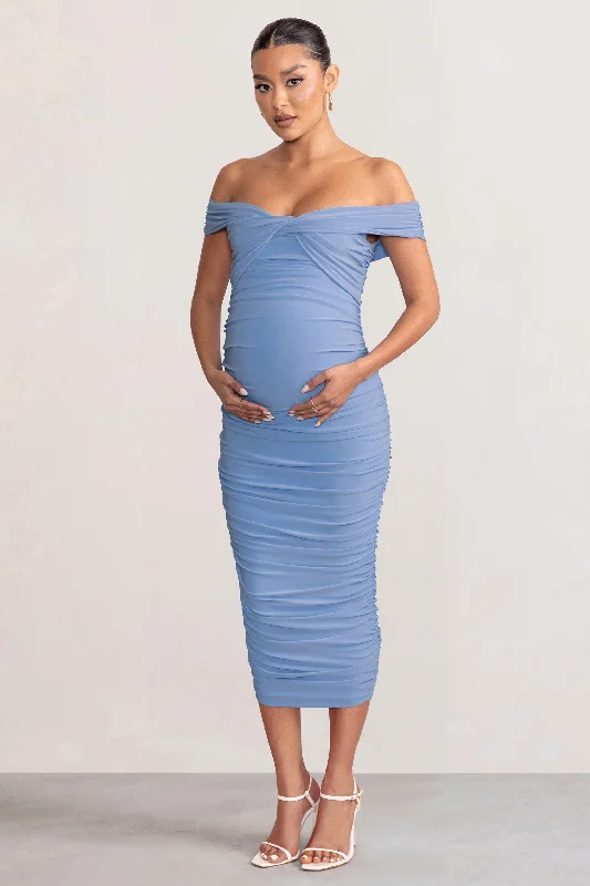 floral fit and flare midi dress-Perfection | Powder Blue Maternity Bardot Knot Ruched Midi Dress