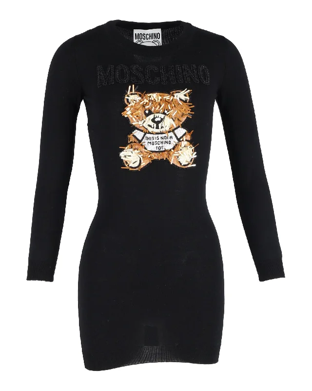 Sequin Mini Dress for a Sparkling Night -Moschino Embellished Bear Mini Dress in Black Wool