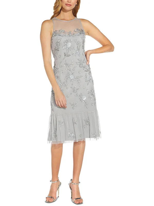 cocktail dress with lace appliqué-Womens Beaded Knee-Length Cocktail and Party Dress