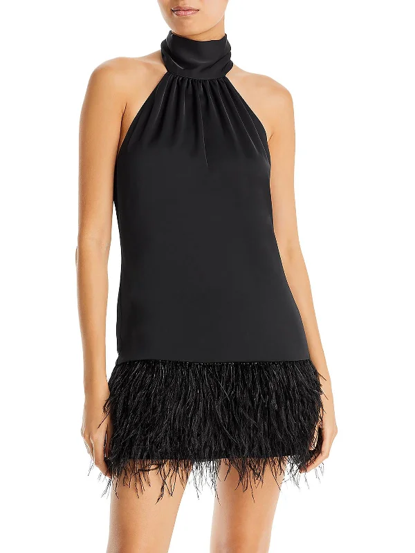 Luxury Satin Mini Dress -Danni Womens Halter Faux Feather Trim Mini Dress