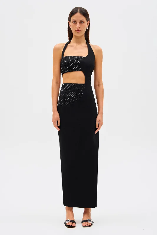 trendy boho maxi dress-Misha Polina Crepe Diamanté Maxi Dress - Black