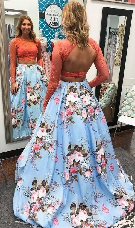 evening gown with appliqu茅s-2 Piece Floral Long Prom Dresses Evening Gown