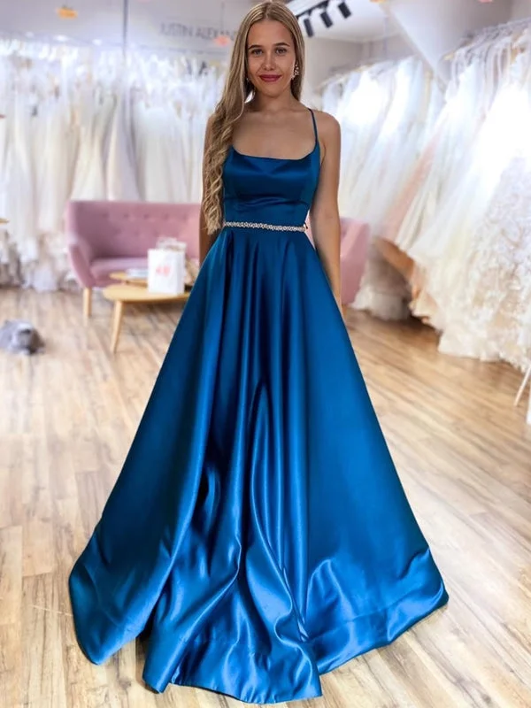 spaghetti strap evening gown-A Line Backless Blue Satin Long Prom Dresses with Belt, Backless Blue Formal Graduation Evening Dresses