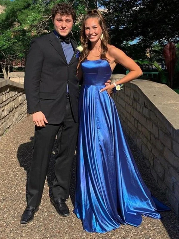 sequined formal evening dress-A Line Backless Blue Satin Long Prom with Straps, Backless Blue Formal Graduation Evening