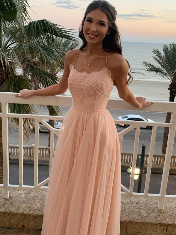 sophisticated evening dress-A Line Backless Pink Lace Long Prom Dresses, Pink Lace Formal Dresses, Pink Evening Dresses