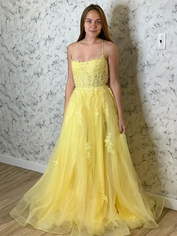 lace evening dress-A Line Backless Tulle Long Lace Appliques Yellow Prom, Backless Yellow Lace Formal, Lace Yellow Evening