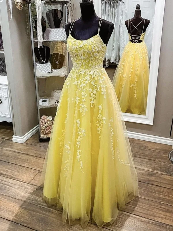 fit and flare evening dress-A Line Backless Yellow Lace Long Prom, Yellow Lace Formal Graduation Evening