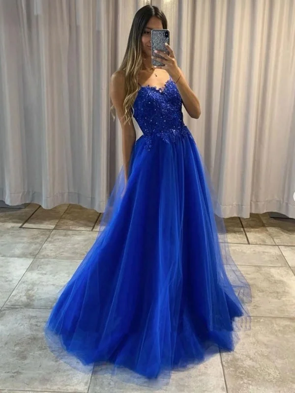 elegant ball gown evening dress-A Line Blue Lace Beaded Long Prom Dresses, Blue Lace Formal Graduation Evening Dresses