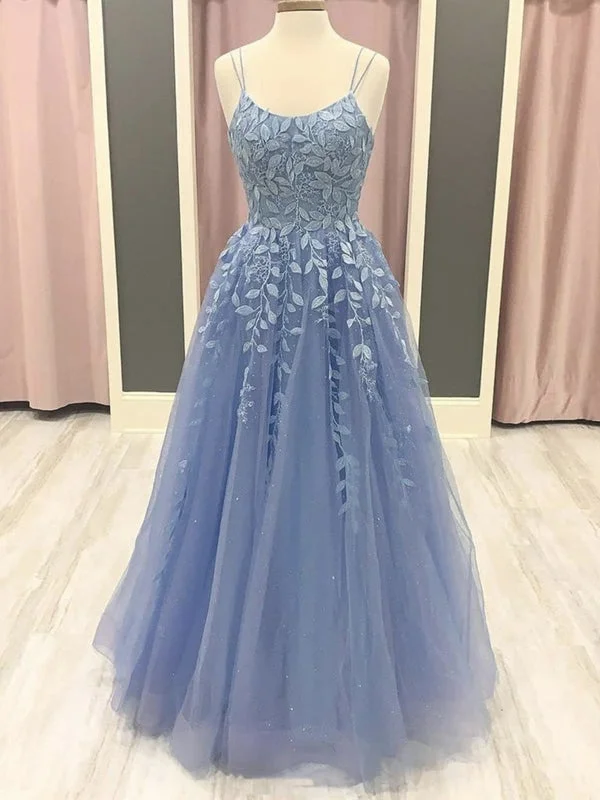 evening dress with blouson top-A Line Blue Lace Long Prom, Blue Lace Formal, Blue Evening