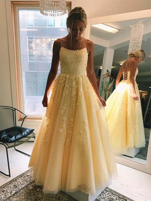 floor-length evening gown-A Line Floor Length Long Yellow Lace Prom, Yellow Lace Formal Graduation Evening